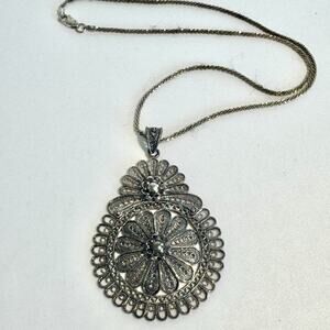 DGS Turkey 925 Sterling Silver Filigree Flower Pendant Necklace Vintage Statemen